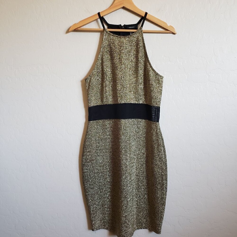 Forever 21 Glitter Sheer Panel Mini Dress Sparkle Gold/Black Size Women's Medium